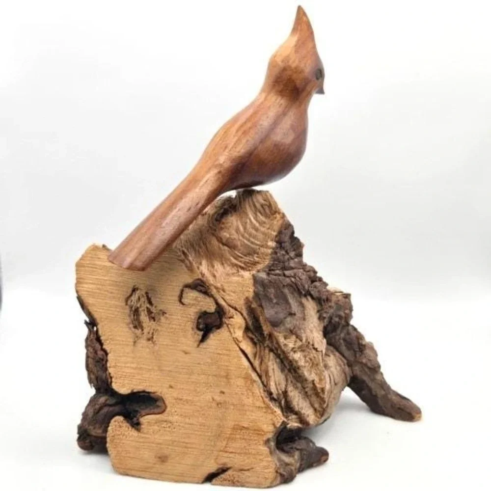 Hand Carved Wooden Bird on Driftwood Base • Rustic Folk Art Woodland‎ Decor